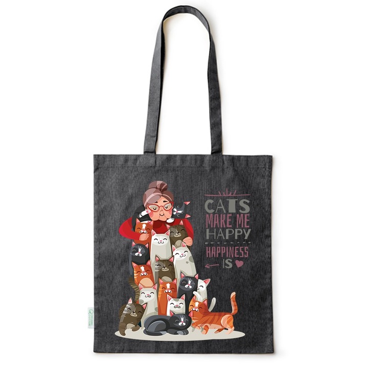 Intelli® Екологична памучна пазарска чанта Sacosa с дълги дръжки, Котки - Щастие, 38×42см, Черна, B-BDY199