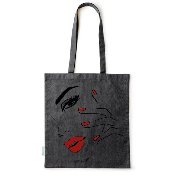Go For It Shopper fazonú pamut táska mintával, Woman Face, 38×42cm, Fekete, B-BDY202