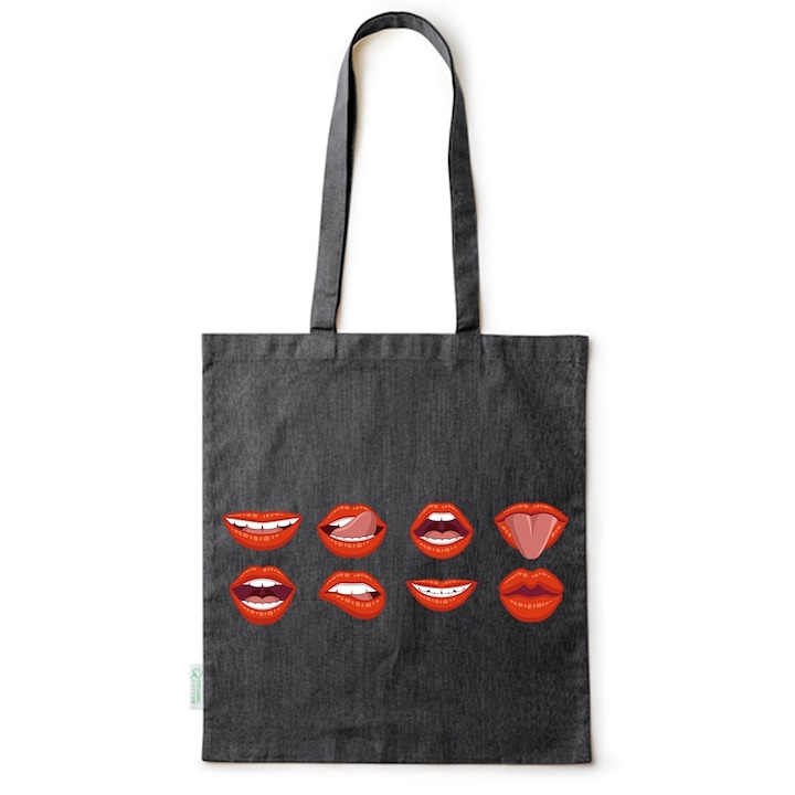 Go For It Shopper fazonú pamut táska mintával, Woman Lips, 38×42cm, Fekete, B-BDY203