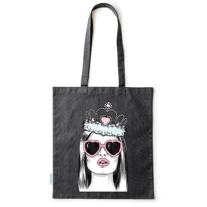 Intelli® Sacosa памучна Еко-приятелска чанта за пазаруване с дълги дръжки, Princess, 38×42см, Черна, B-BDY204