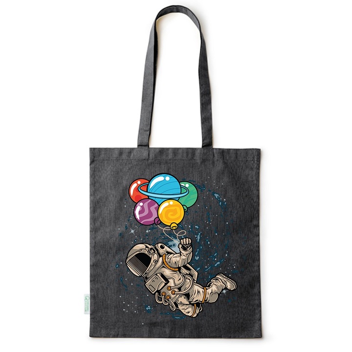 Intelli® Eco-barat pamut bevasarlotaska hosszu fullel, Asztronauta, 38 - 65488, Fekete, 38 x 42 cm