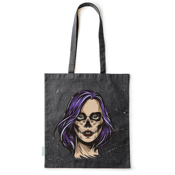 Go For It Shopper fazonú pamut táska mintával, Woman Skeleton, 38×42cm, Fekete, B-BDY205