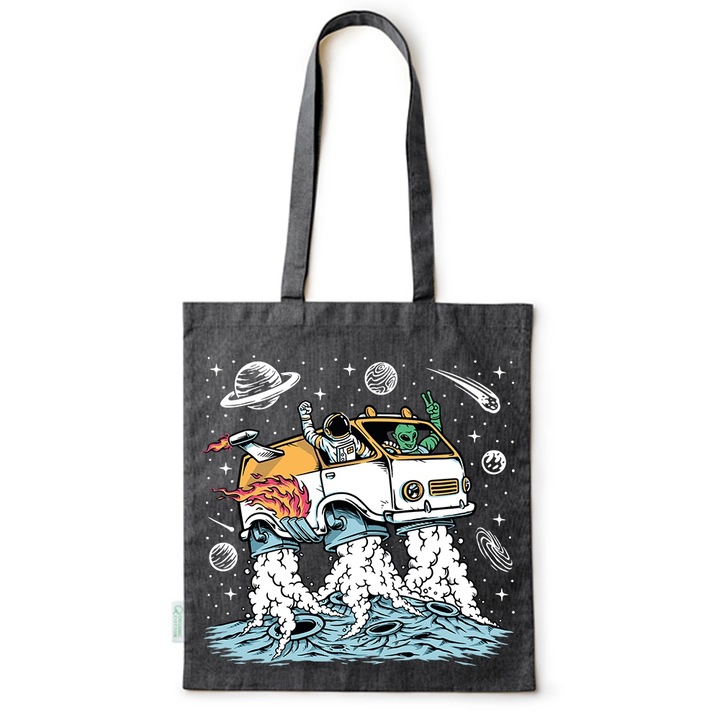 Intelli® Еко-приятелска памучна чанта за пазаруване Sacosa с дълги дръжки, Traveling Astronaut, 38, Черен, 38 x 42 cm