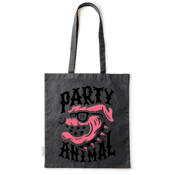 Go For It Shopper fazonú pamut táska mintával, Party Animal, 38×42cm, Fekete, B-BDY230