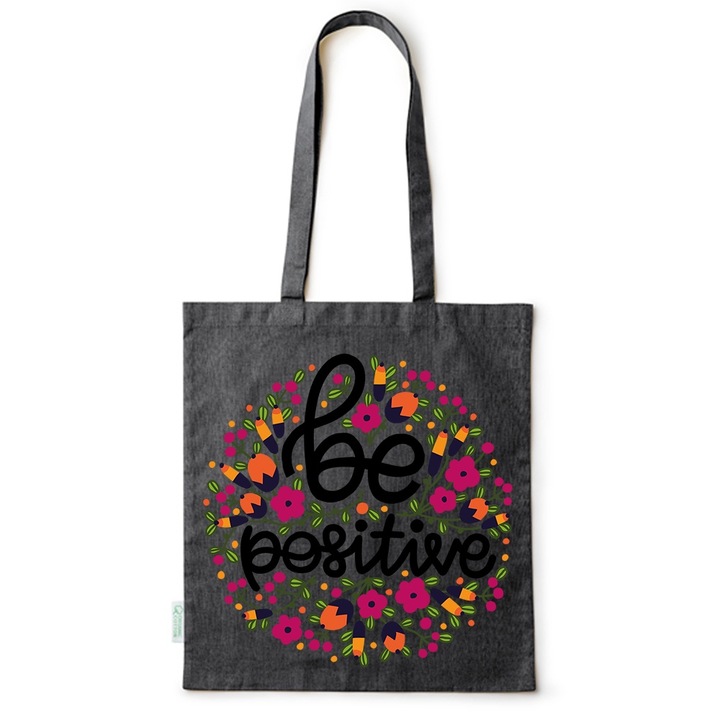 Go For It Shopper fazonú pamut táska mintával, Be Positive, 38×42cm, Fekete, B-BDY245