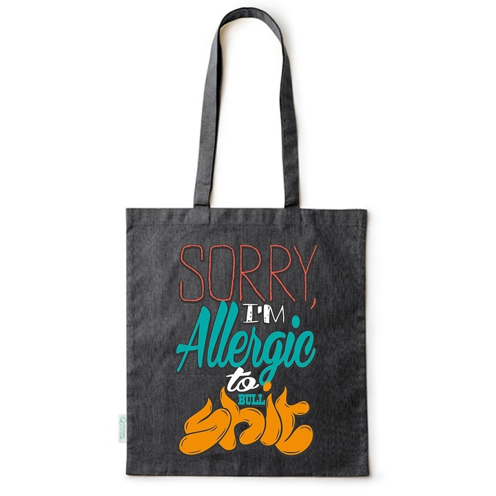 Intelli® Környezetbarát pamut bevásárlótáska hosszú füllel, Allergic to Bullshit, 38×42cm, Fekete, B-BDY235