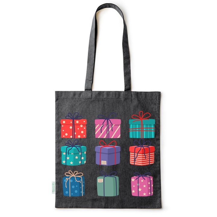 Go For It Shopper fazonú pamut táska mintával, Christmas Gifts, 38×42cm, Fekete, B-BDY262