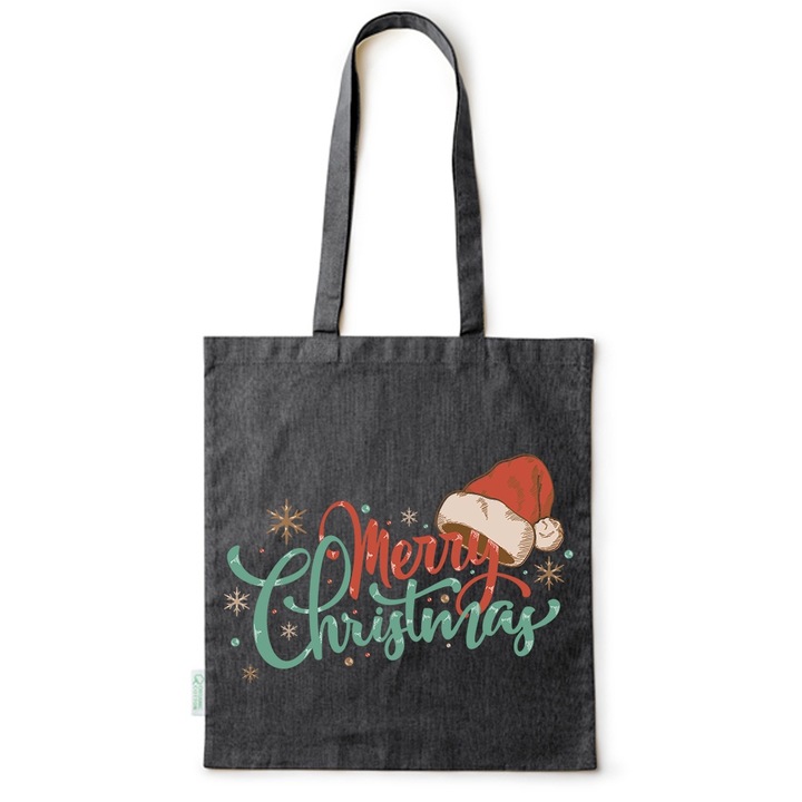 Intelli® Sacosa bumbac Eco-friendly pentru cumparaturi cu manere lungi, Merry Christmas, 38×42cm, Negru, B-BDY284
