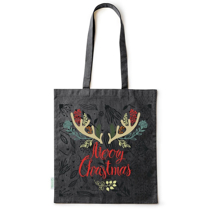 Go For It Shopper fazonú pamut táska mintával, Merry Christmas, 38×42cm, Fekete, B-BDY270