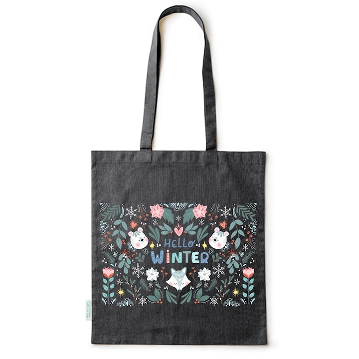 Go For It Shopper fazonú pamut táska mintával, Hello Winter, 38×42cm, Fekete, B-BDY278