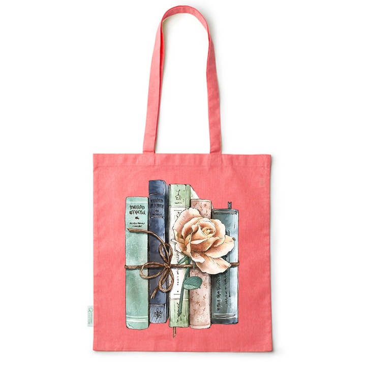 Go For It Shopper fazonú pamut táska mintával, Flowers Collection, Old Book With A Rose, 38x42cm, Piros, R-BDY10