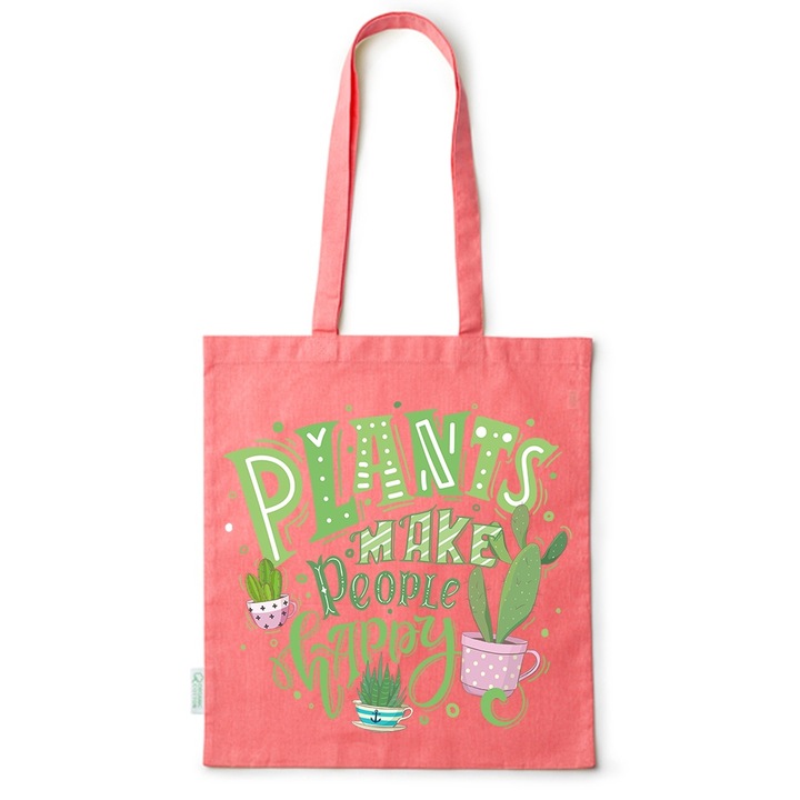 Intelli® Sacosa памучна Екологична чанта за пазаруване с дълги дръжки, Plants Make Me Happy, 38×42cm, Червена, R-BDY25