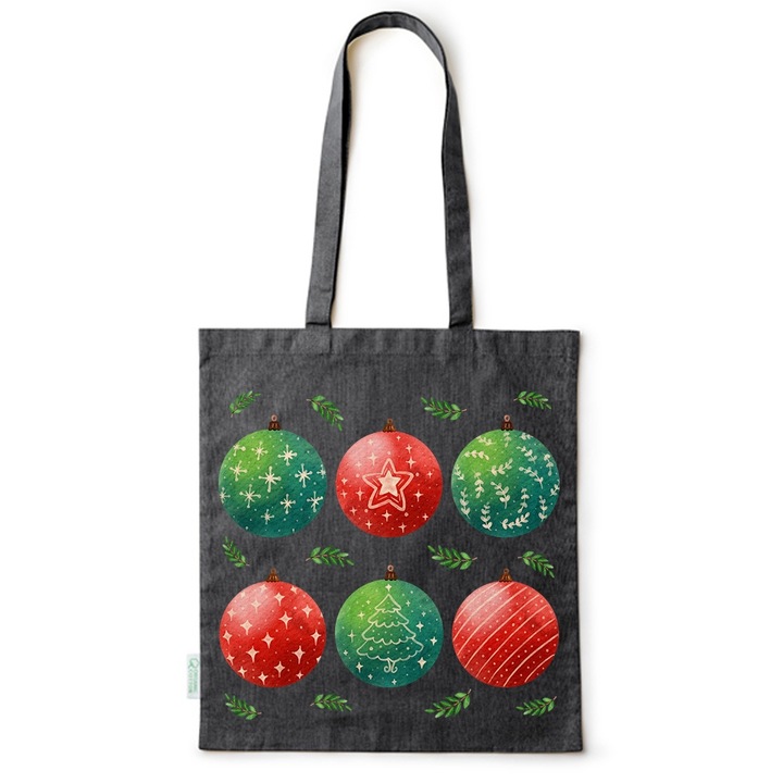 Intelli® Sacosa bumbac Eco-friendly pentru cumparaturi cu manere lungi, Christmas Ornaments, 38, Negru, 38 x 42 cm