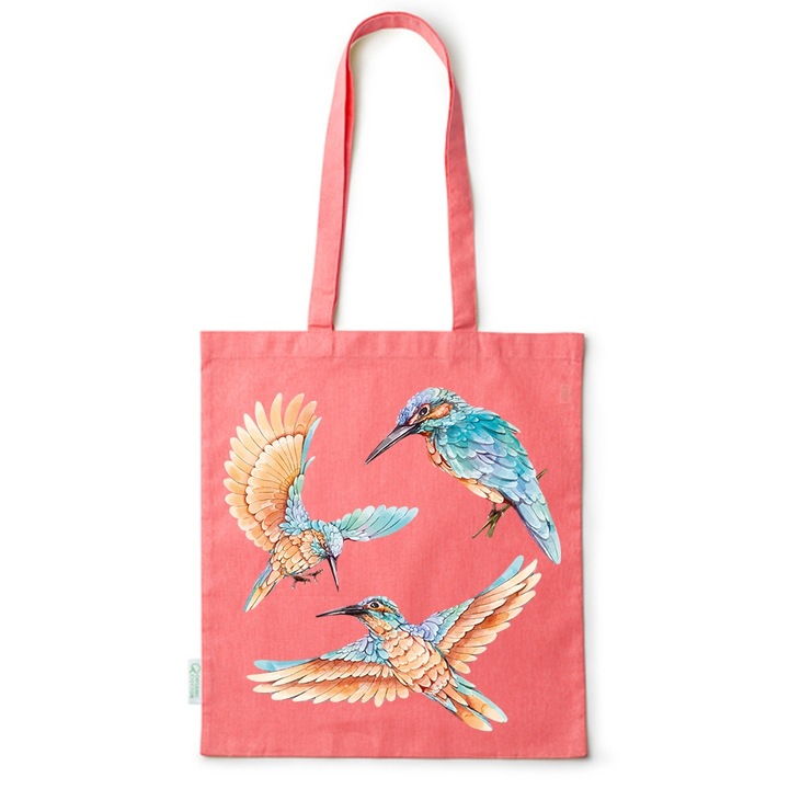 Intelli® Еко памучна пазарска чанта Sacosa с дълги дръжки, Цветни птици, 38×42см, Червена, R-BDY100