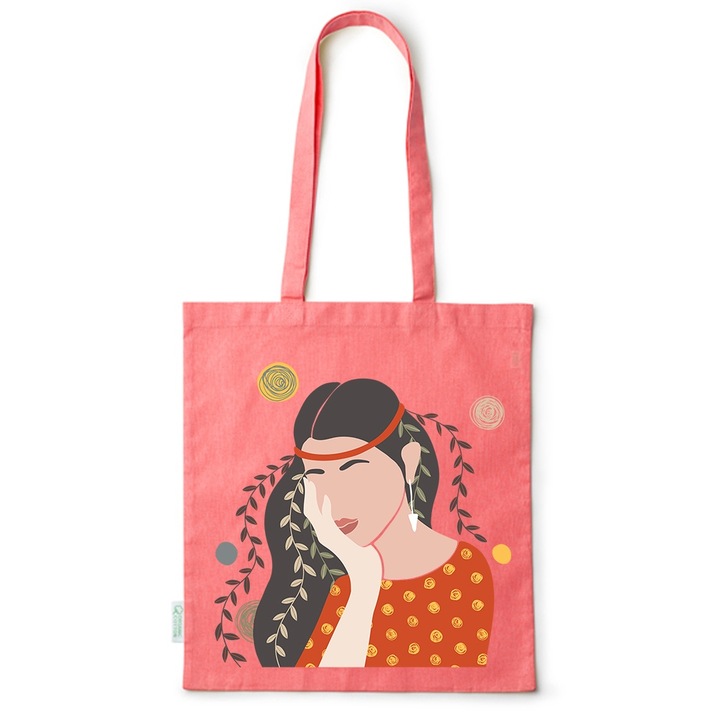 Intelli® Sacosa памучна Еко-приятелска чанта за пазаруване с дълги дръжки, Floral Girl, 38×42см, Червена, R-BDY51