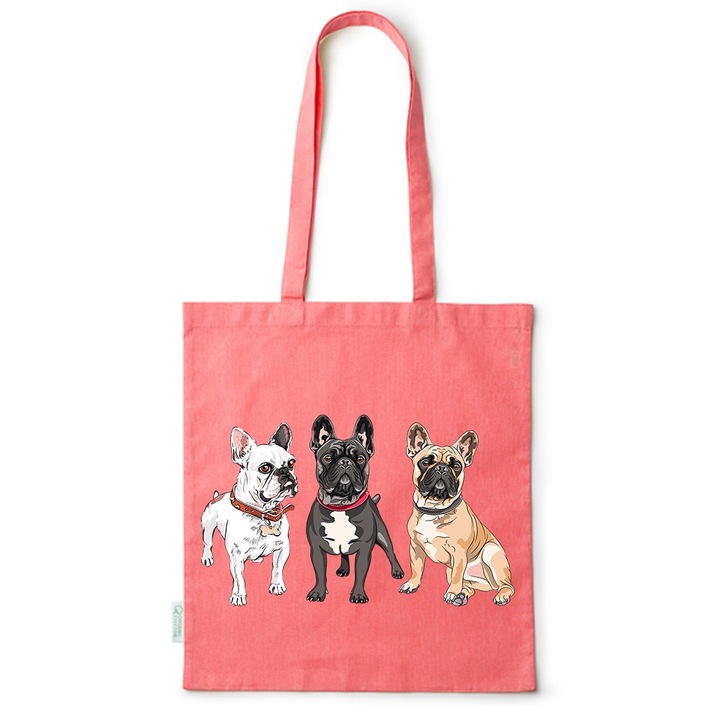 Intelli® Sacosa памучна екологична за пазаруване с дълги дръжки, Frenchie, 38×42см, Червена, R-BDY70