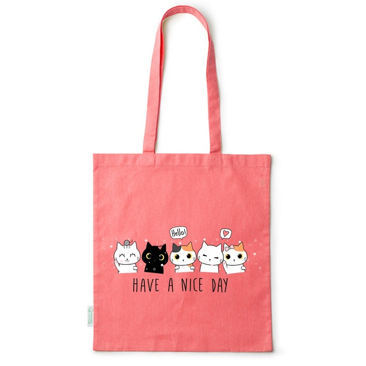 Intelli® Еко пазарска чанта от памук Sacosa с дълги дръжки, Have A Nice Day, 38×42см, Червена, R-BDY76