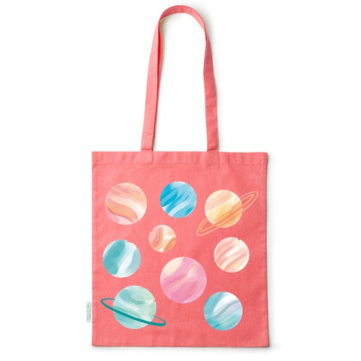 Intelli® Sacosa bumbac Eco-friendly pentru cumparaturi cu manere lungi, Planets, 38×42cm, Rosu, R-BDY170