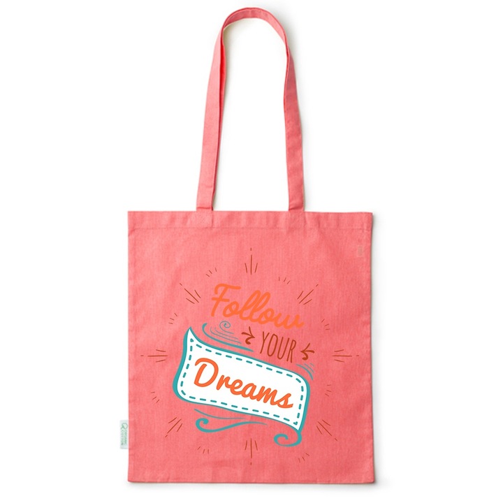 Intelli® Sacosa bumbac Eco-friendly pentru cumparaturi cu manere lungi, Follow Your Dreams, 38×42cm, Rosu, R-BDY150