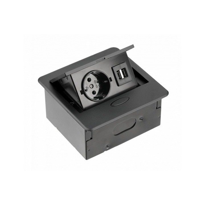 Priza GTV dreptunghiulara, 1xSchuko, 1xUSB 5V 2A, neagra