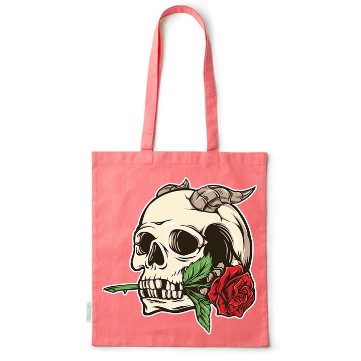 Intelli® Öko-barát pamut bevásárlótáska hosszú füllel, Koponya - Rózsa, 38×42cm, Piros, R-BDY248
