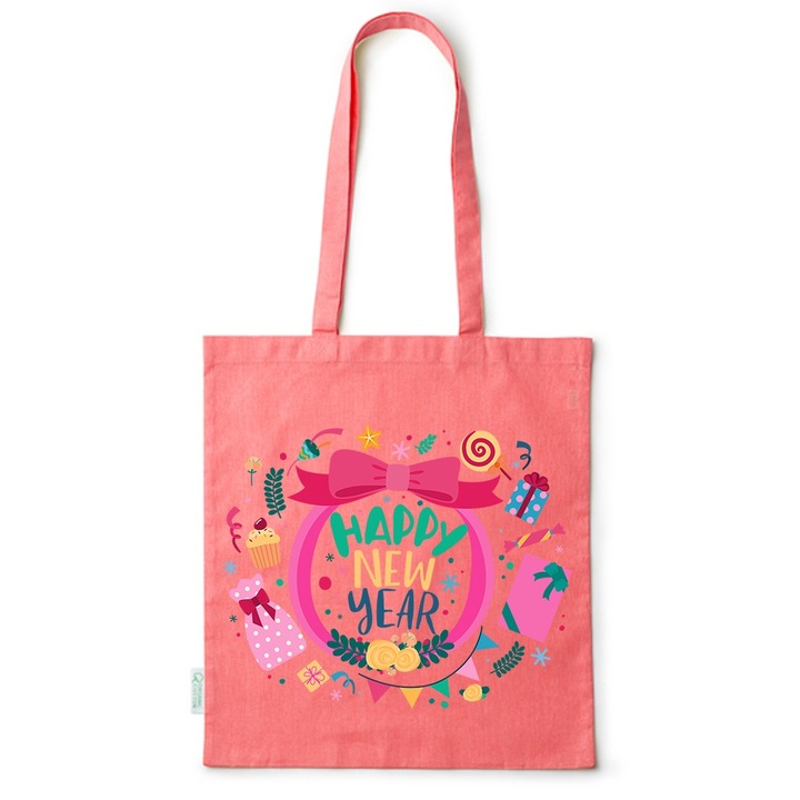 Intelli® Környezetbarát pamut bevásárlótáska hosszú füllel, Happy New Year, 38×42cm, Piros, R-BDY272