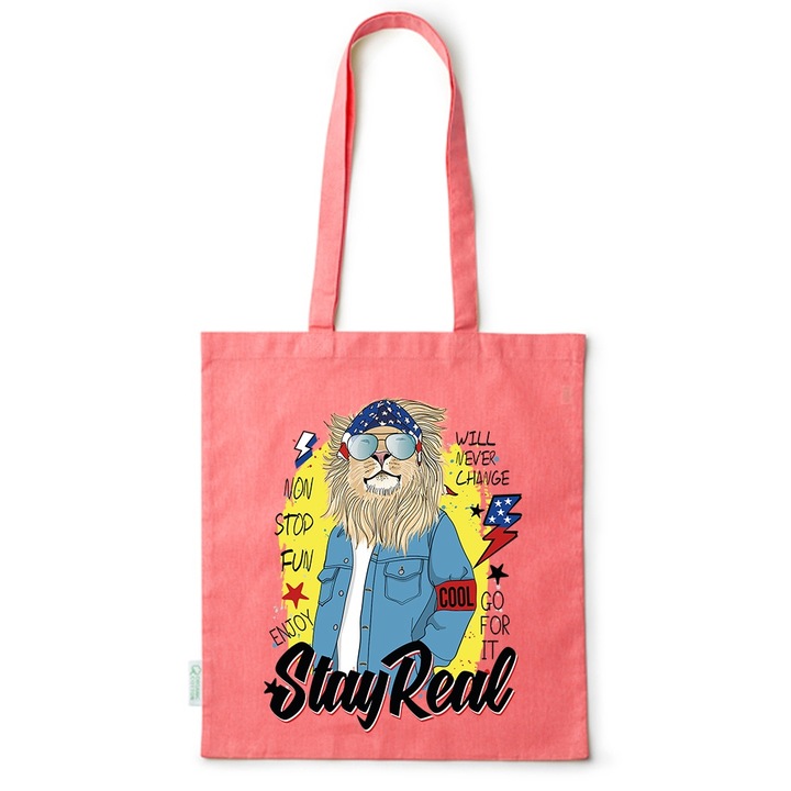 Go For It Shopper fazonú pamut táska mintával, Stay Real, 38×42cm, Piros, R-BDY169