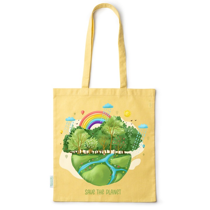 Intelli® Екологична памучна пазарска чанта Sacosa с дълги дръжки, Save The Planet, 38×42см, Жълта, Y-BDY14