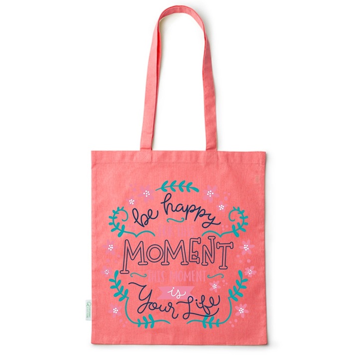 Go For It Shopper fazonú pamut táska mintával, Be happy, 38×42cm, Piros, R-BDY120