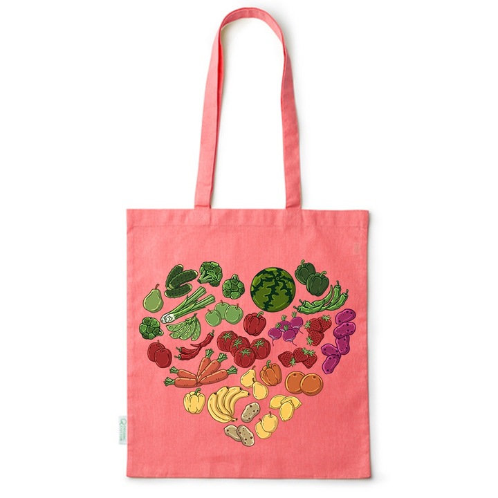 Go For It Shopper fazonú pamut táska mintával, Fruit-Veggie Heart, 38×42cm, Piros, R-BDY132