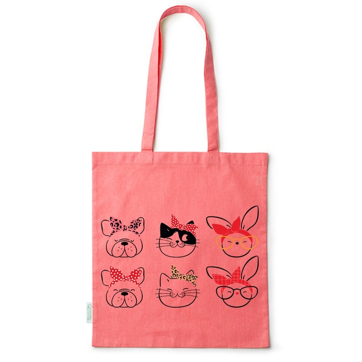 Go For It Shopper fazonú pamut táska mintával, Bulldog - Cat - Bunny, 38×42cm, Piros, R-BDY198