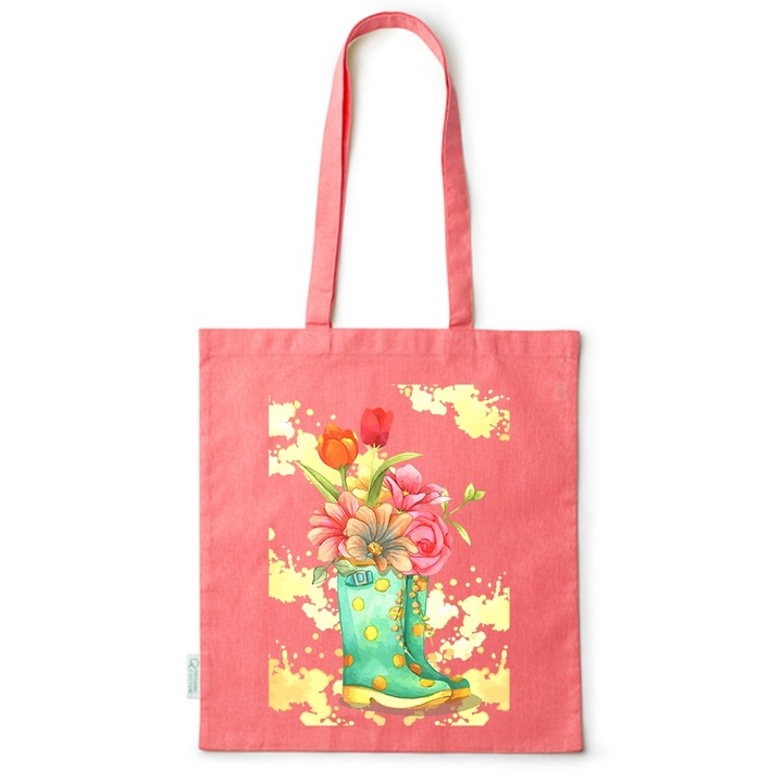 Intelli® Екологична памучна пазарска чанта Sacosa с дълги дръжки, Boots - Flowers, 38×42см, Червена, R-BDY167