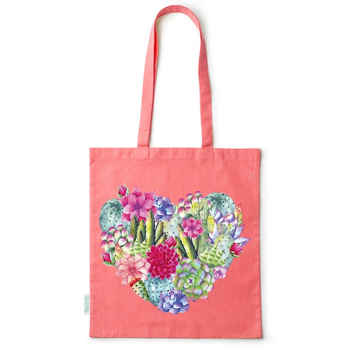Go For It Shopper fazonú pamut táska mintával, Cactus Heart, 38×42cm, Piros, R-BDY208