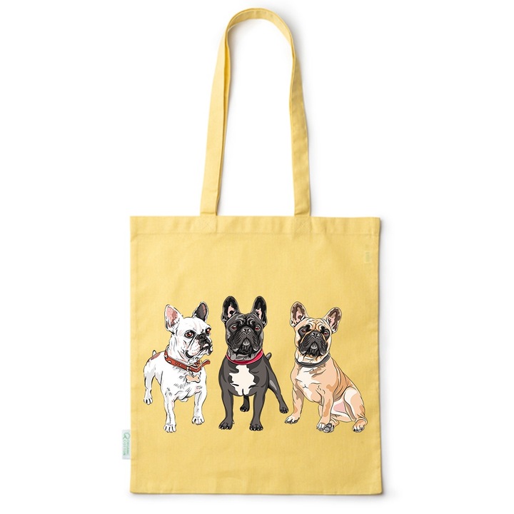 Intelli® Екологична памучна пазарска чанта Sacosa с дълги дръжки, Frenchie, 38×42cm, Жълта, Y-BDY70