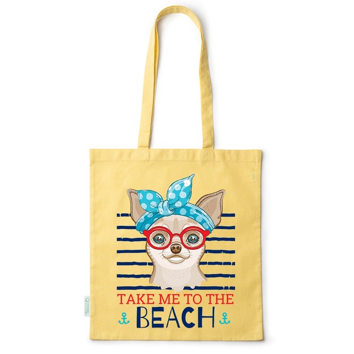 Go For It Shopper fazonú pamut táska mintával, Beach, 38×42cm, Sárga, Y-BDY78