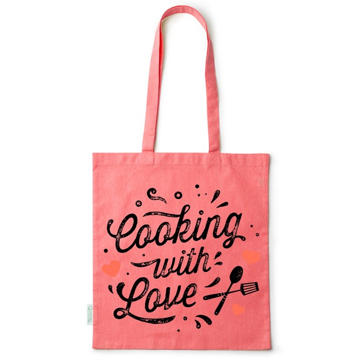 Go For It Shopper fazonú pamut táska mintával, Cooking with Love, 38×42cm, Piros, R-BDY152