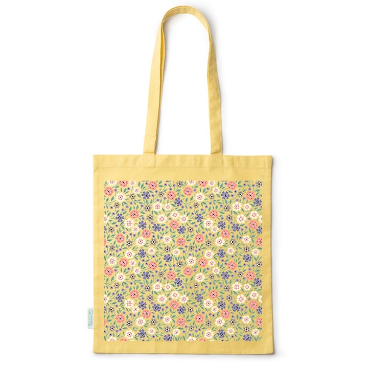 Go For It Shopper fazonú pamut táska mintával, Flowers Collection, Flowers Pattern, 38x42cm, Sárga, Y-BDY63