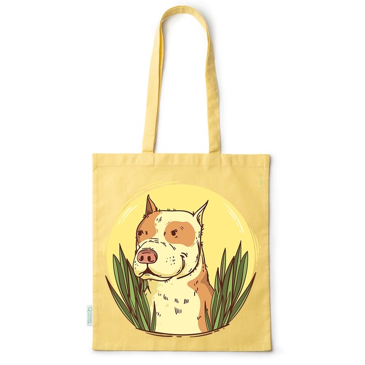 Intelli® Екологична памучна пазарска чанта Sacosa с дълги дръжки, Pitbull Hand Drawn, 38×42см, Жълт, Y-BDY79