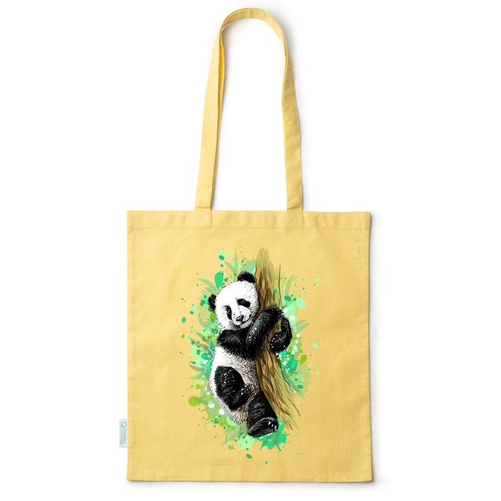 Intelli® Sacosa bumbac Eco-friendly pentru cumparaturi cu manere lungi, Panda, 38×42cm, Galben, Y-BDY94