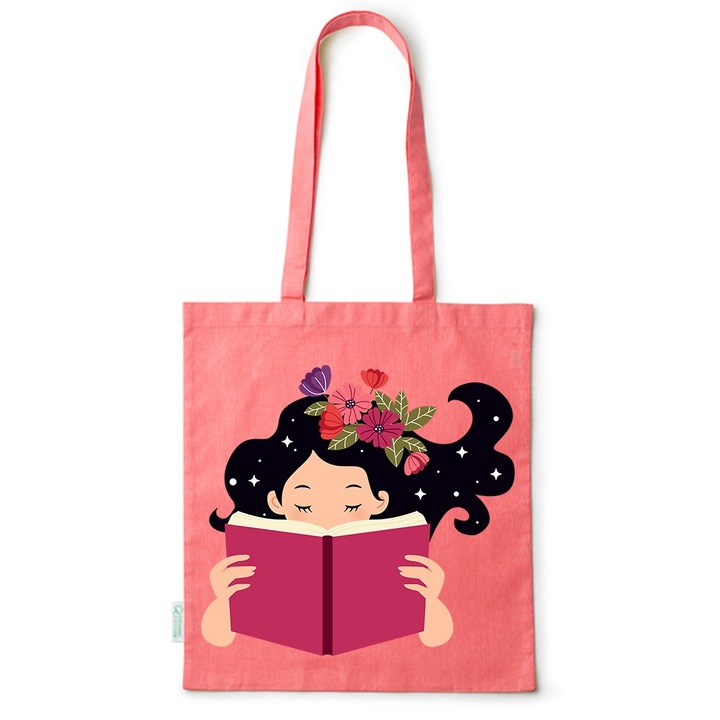 Intelli® Sacosa bumbac Eco-friendly pentru cumparaturi cu manere lungi, Book lover, 38×42cm, Rosu, R-BDY125