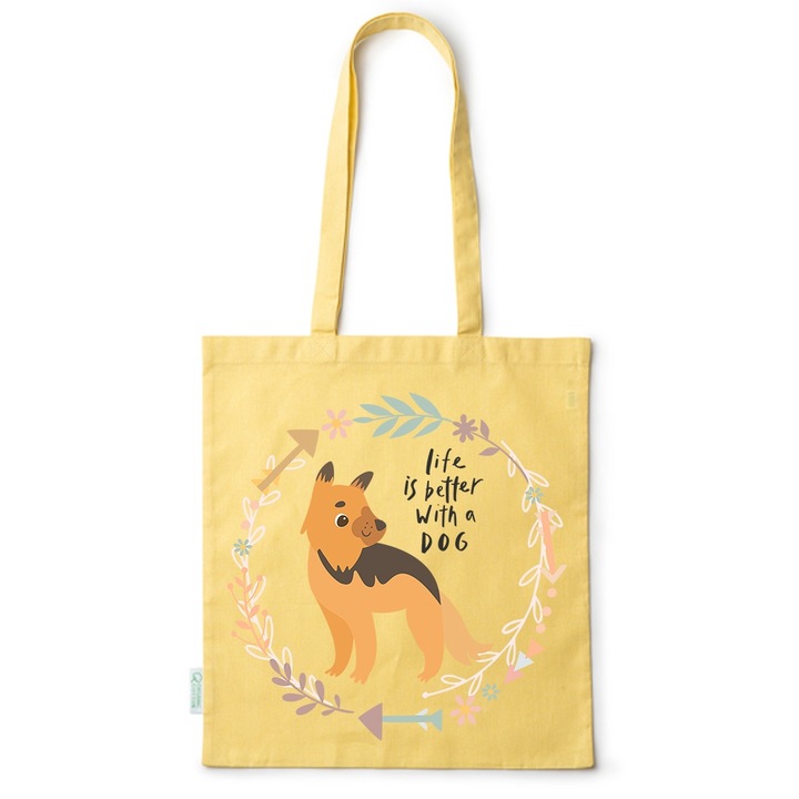 Go For It Shopper fazonú pamut táska mintával, Life Is Better With A Dog, 38×42cm, Sárga, Y-BDY80