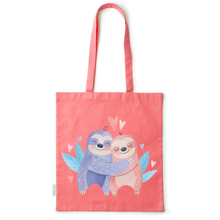 Go For It Shopper fazonú pamut táska mintával, Sloth Love, 38×42cm, Piros, R-BDY250