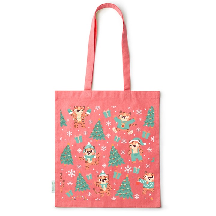 Go For It Shopper fazonú pamut táska mintával, Tiger Winter, 38×42cm, Piros, R-BDY254