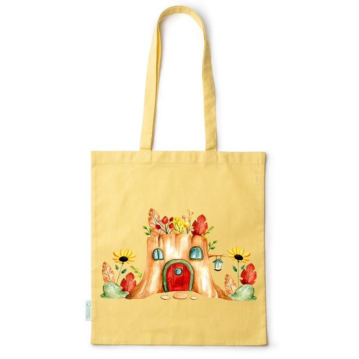 Intelli® Екологична памучна пазарска чанта Sacosa с дълги дръжки, Къща за пънчета, 38×42см, Жълта, Y-BDY113