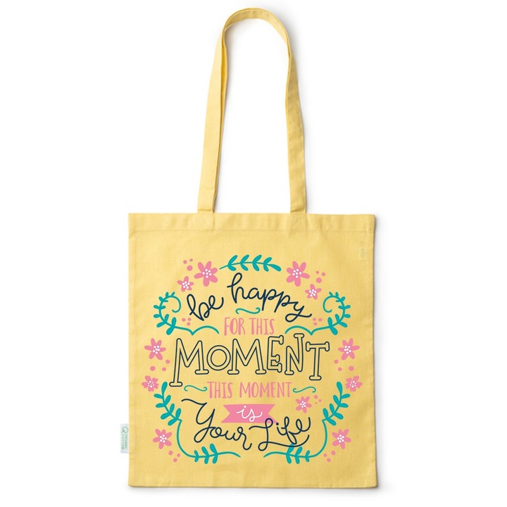 Go For It Shopper fazonú pamut táska mintával, Be happy, 38×42cm, Sárga, Y-BDY120