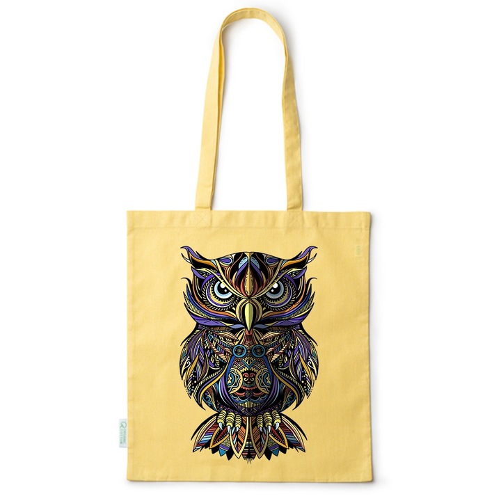 Чанта Intelli Sacosa, памучна, еко-приятелска за пазаруване с дълги дръжки, бухал, 38×42см, черна, Жълт, 38 x 42 cm