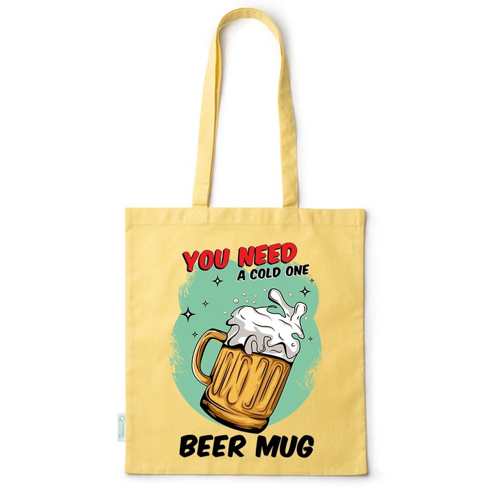 Go For It Shopper fazonú pamut táska mintával, Beer Mug, 38×42cm, Sárga, Y-BDY48