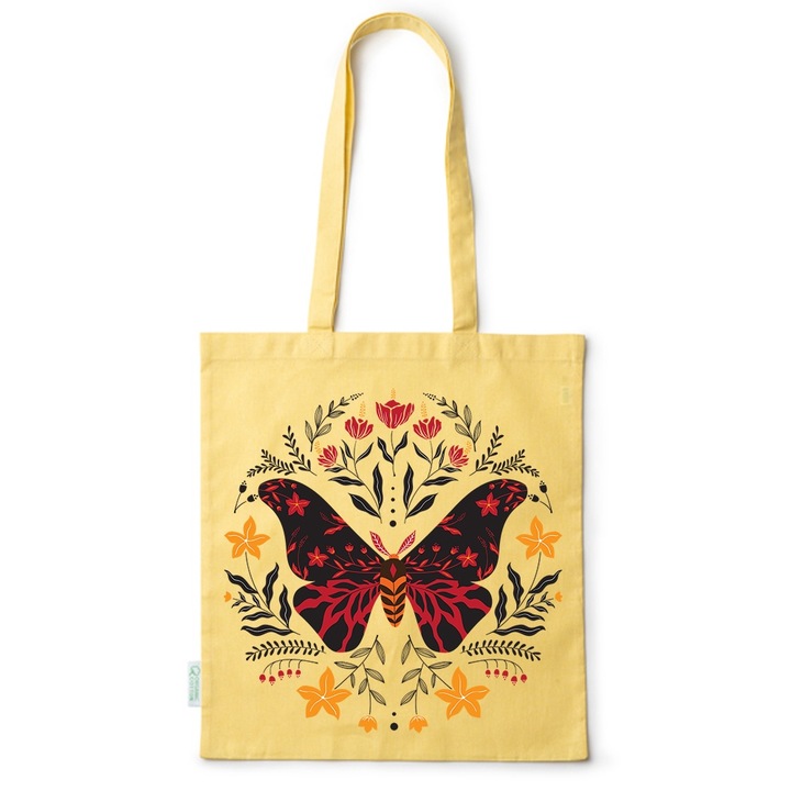 Go For It Shopper fazonú pamut táska mintával, Butterfly with flowers, 38×42cm, Sárga, Y-BDY143