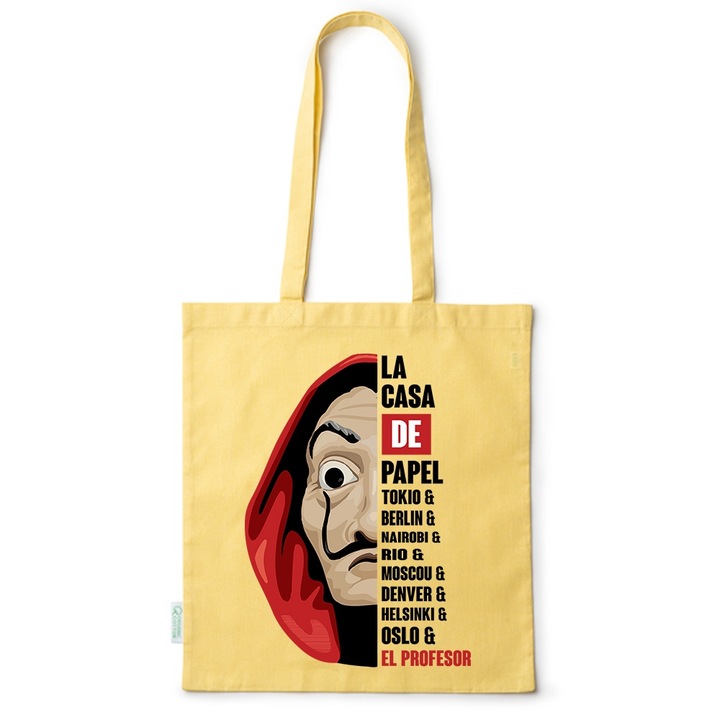 Go For It Shopper fazonú pamut táska mintával, La Casa de Papel, 38×42cm, Sárga, Y-BDY173