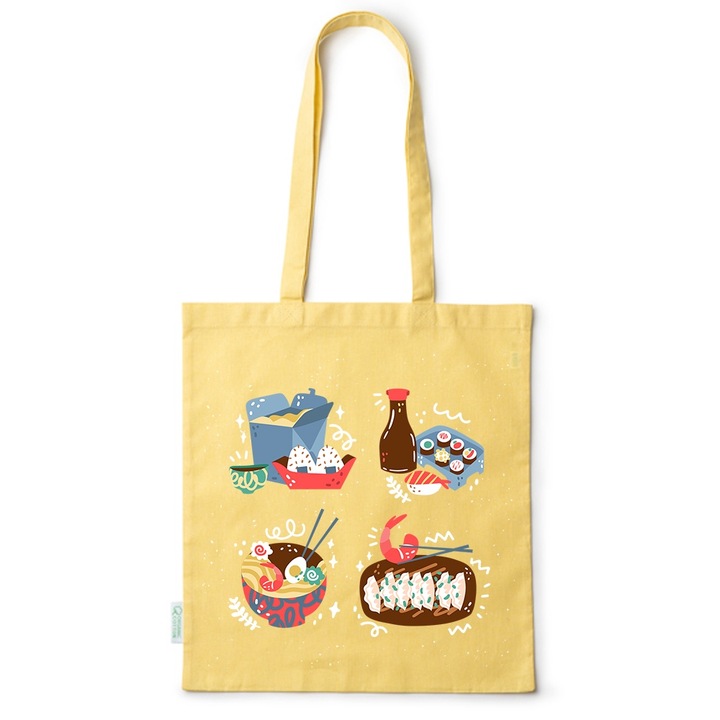 Go For It Shopper fazonú pamut táska mintával, Chinese Food, 38×42cm, Sárga, Y-BDY96